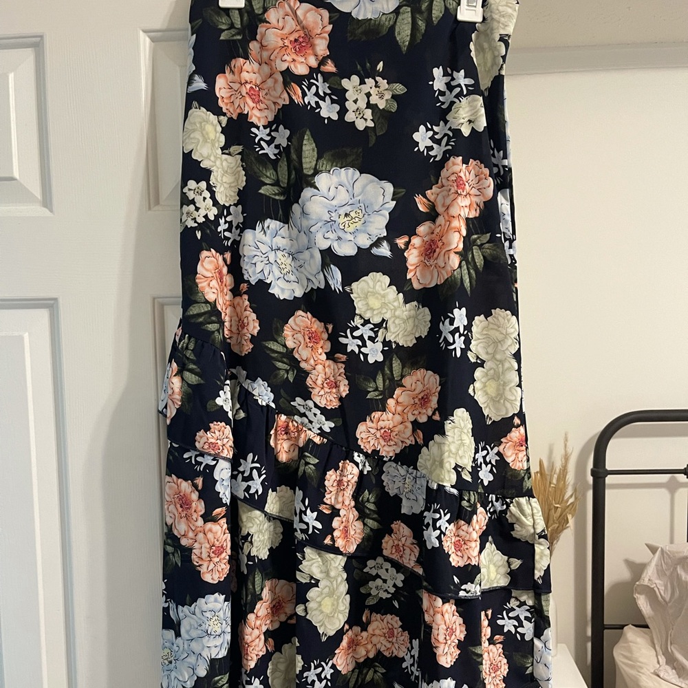 Navy floral midi skirt